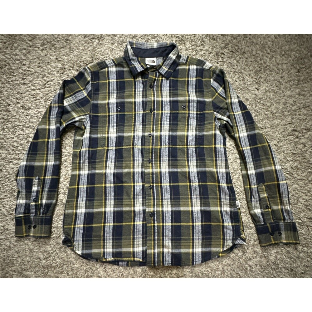 The North Face Mens M Green Navy Blue Yellow Plaid Flannel Shirt Outdoors